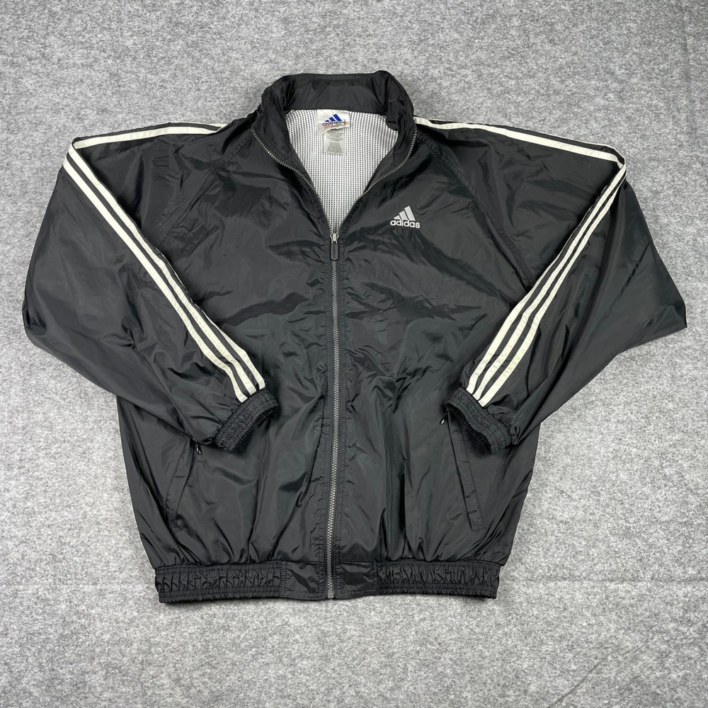 VTG 90s Adidas Windbreaker Jacket Mens XL Black 3 Stripe Stowaway Hood Vented